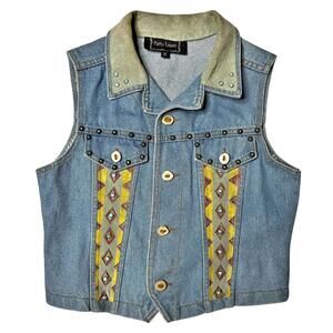 Vintage Patty Lewis Denim Suede Vest Beaded Aztec Horse Design Women’s S